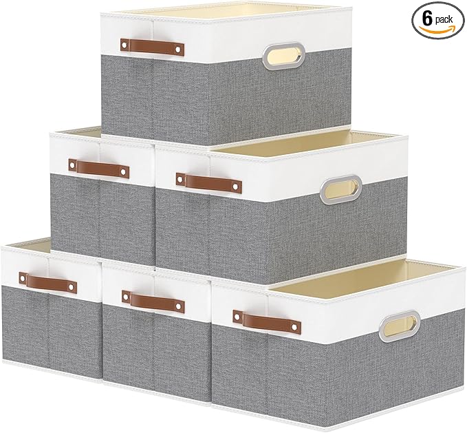 Yawinhe Fabric Storage Bins with Handles, Foldable Baskets for Shelves, Cubes with 3 Handles, Large Boxes for Clothes, White/Grey, 16.9''Lx11.8''Wx10.2''H, 6-Pack