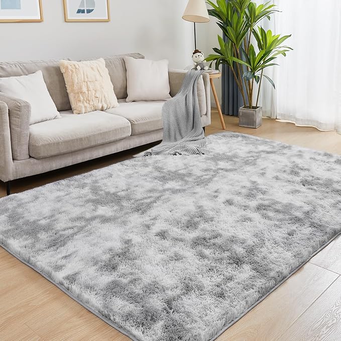 Fluffy Shag Area Rug, 4x6 Tie-Dyed Light Grey Rugs for Bedroom, Soft Plush Area Rugs for Living Room, Non-Slip Indoor Carpet for Nursery, Study Room, Dressing Room, Home Decor