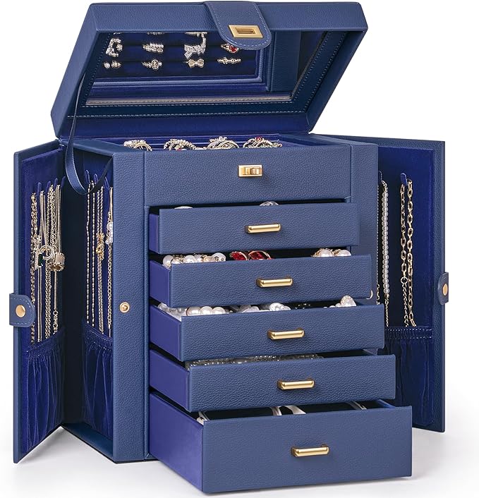AKOZLIN 6-Tier Jewelry Box Organizer Functional 5 Drawers Leather Jewelry Storage Case for Women Girls Ring Necklace Earring Bracelet Holder Organizer with Mirror Blue