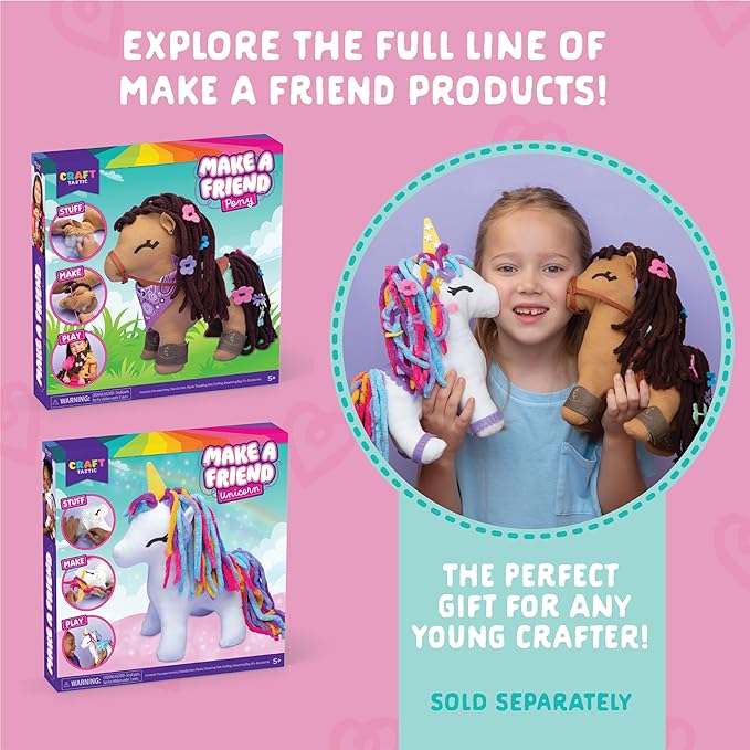 Craft-tastic - Make a Friend Pony - Mini Sewing Kit, Arts and Crafts, Kids Crafts, Art Supplies, Craft Kit Makes 1 Easy-to-Sew Stuffie with Clothes & Accessories, Bonus Travel Tote Included Ages 5+