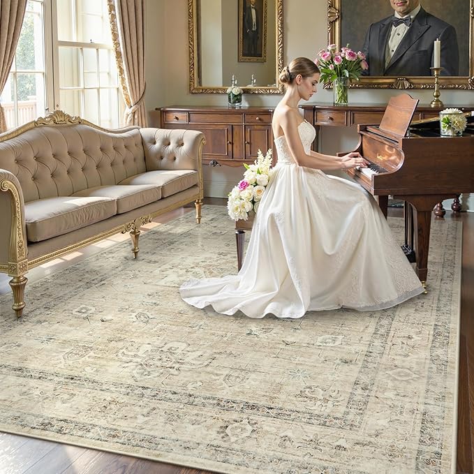 LIVEBOX Washable Area Rug 8x10 Rugs for Living Room Bedroom, Non-Slip Boho Neutral Carpet for Dining Room Office, Low-Pile Farmhouse Soft Carpets for Kids Nursery Room Playroom, Tan