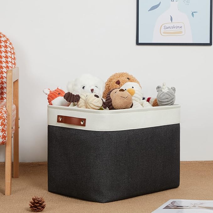 DULLEMELO Storage Bins Large-16"x12"x12" With Leather Handles for Organizing,Decorative Collapsible Storage Baskets for Shelves Closet Home Office (White&Black)