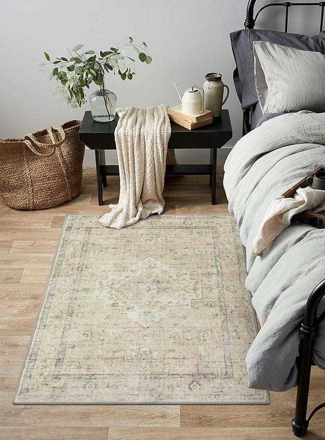 LIVEBOX Entryway Rug 3x5 Washable Area Rugs for Kitchen Bathroom, Non-Slip Front Door Mat for Bedroom, Boho Low-Pile Carpet Farmhouse Throw Indoor Mats for Bath Laundry Room, Tan