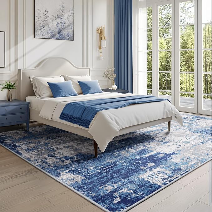Washable Area Rugs 5'x8' Non-Slip Modern Abstract Soft for Living Room Entryway Bedroom Nursery, Print Pattern, Blue Grey Navy Gray