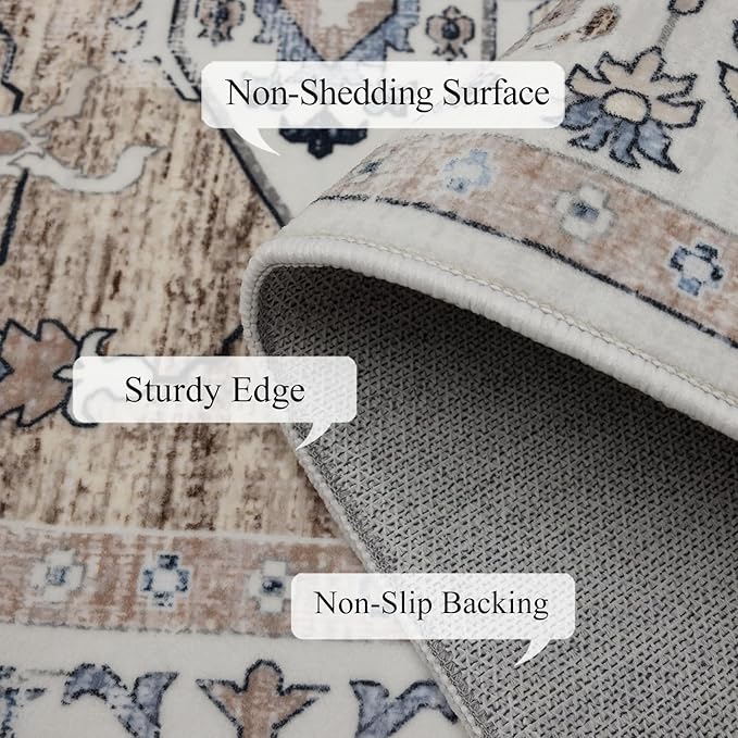 Washable Rugs 5x7 Area Rugs for Living Room, Thin Carpet for Bedroom, Soft Faux Wool Retro Dining Room Rug，Non Slip&Non-Shedding Resistant Low Pile Vintage Print Rug for Home Office (Taupe/Blue)