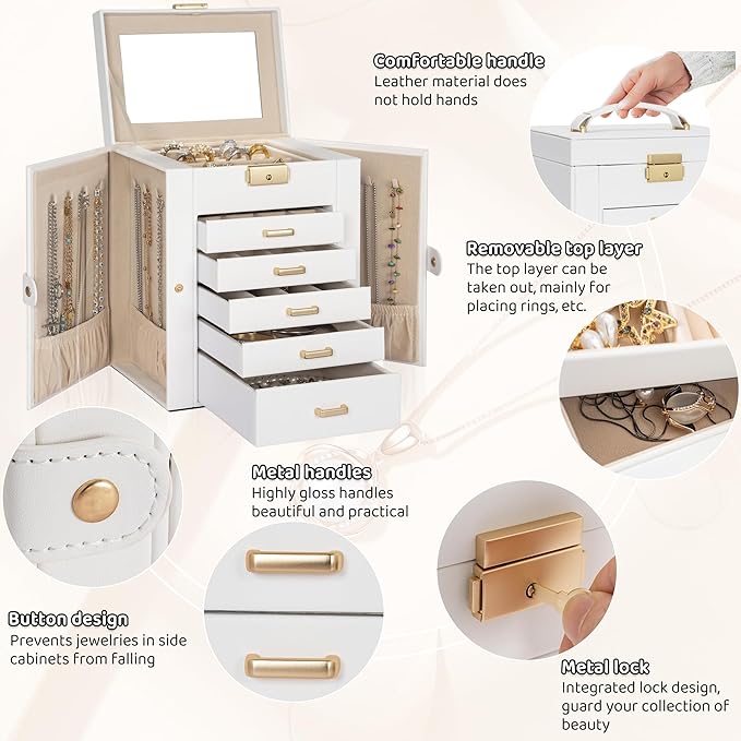 AKOZLIN 6-Tier Jewelry Box Lockable Leather Jewelry Storage Case with 5 Drawers for Women Girls Ring Necklace Earring Bracelet Holder Organizer with Mirror