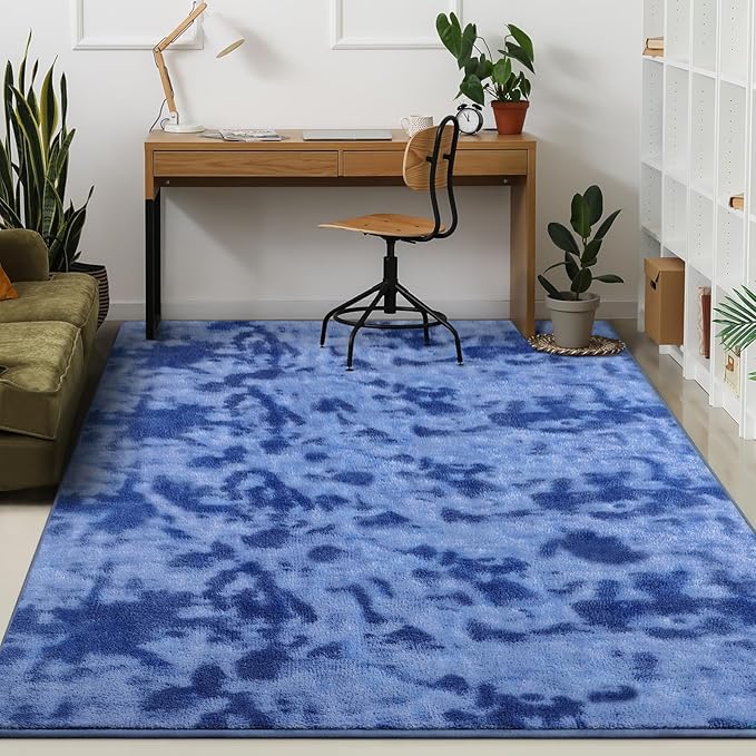 Kimicole 5x8 Washable Area Rugs for Bedroom Living Room, Low Pile Ulta-Thin Solid Color Rug, Non-Slip Soft Fluffy Carpet for Nursery Kids Room Dorm Room Home Decor (Blue)