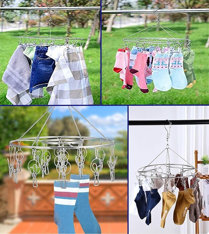 CenYouful 2 Pack Stainless Steel Round Hanging Drying Rack with 20 Clips for Drying Socks, Baby Clothes, Bras, Towel, Underwear, Hat, Scarf, Pants, Gloves