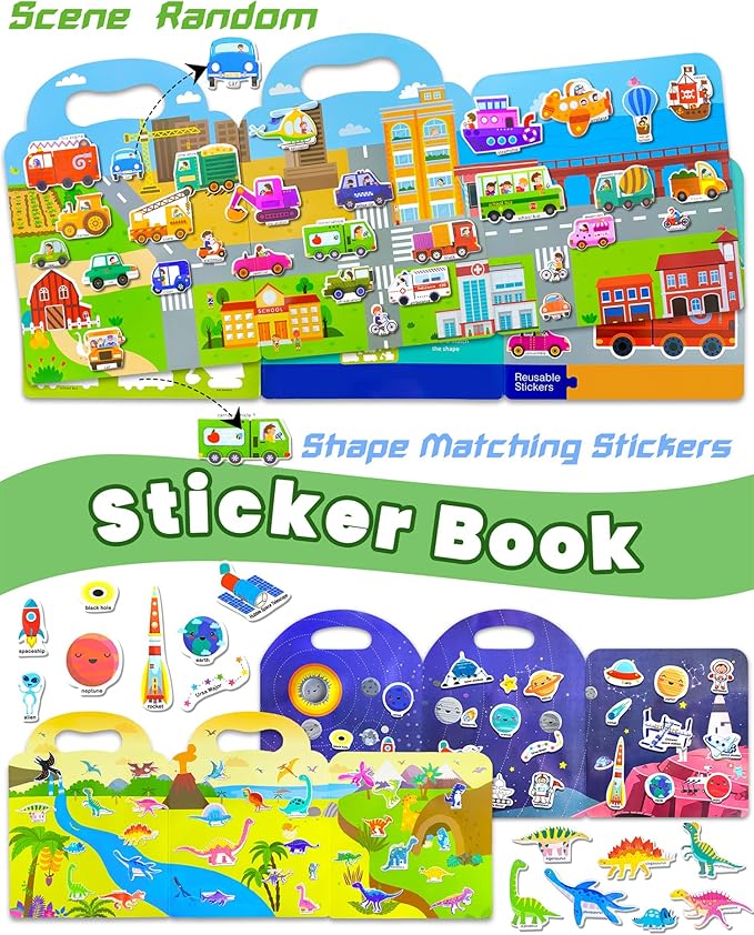 Reusable Sticker Book for Toddlers 2-4 Years, Stickers for Kids, Toddler Sticker Book Ages 1-3, Toddler Craft Activities, Toddlers Travel Toys Ages 2+ Boy Girl Birthday Gifts