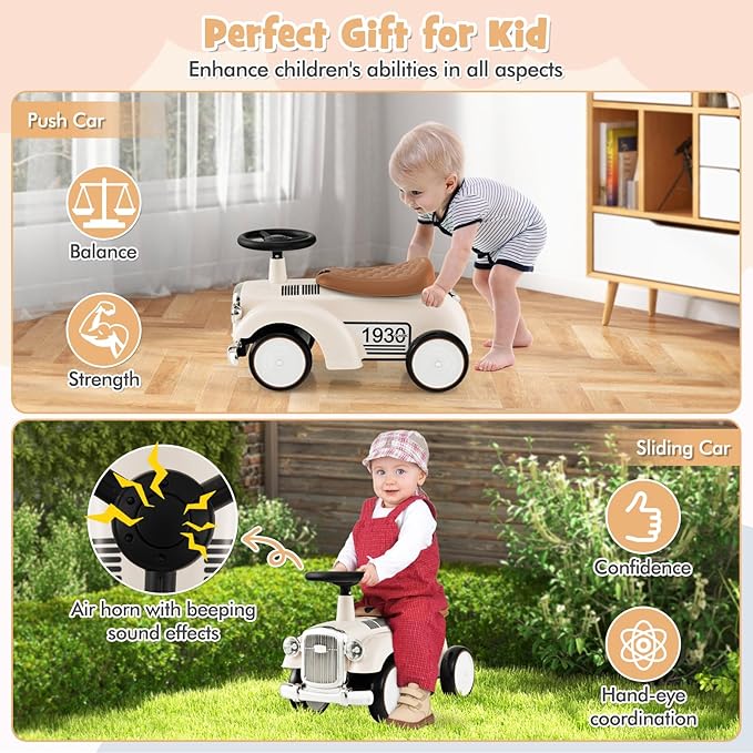 HONEY JOY Ride On Push Car, Outdoor Toddler Riding Toys w/Steering Wheel, Horn & Storage, Foot-to-Floor Sliding Car, No Batteries, Retro Baby Ride On Toys for Boys and Girls (White)