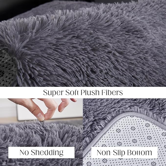 9x12 Grey Fluffy Plush Area Rug, Ultra Soft Bedroom Rug Indoor Carpet, Anti-Skid High Pile Luxury Rugs for Nursery, Kids Room, Playroom, Home Decoration