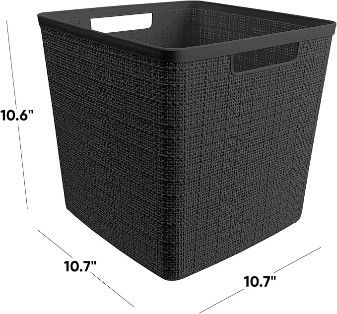 Curver Set of 4 Jute Large Cube Decorative Plastic Organization and Storage Baskets, Perfect Bins for Home Office, Closet Shelves, Kitchen Pantry and All Bedroom Essentials, Black