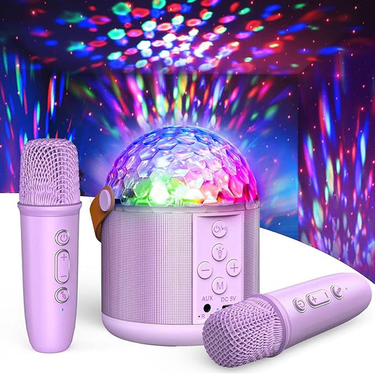 Karaoke Machine with Disco LED Lights for Adults Kids, Portable Bluetooth Speaker with 2 Wireless Microphone, Gifts Toys for 3-12+ Kids Birthday Family Home Party