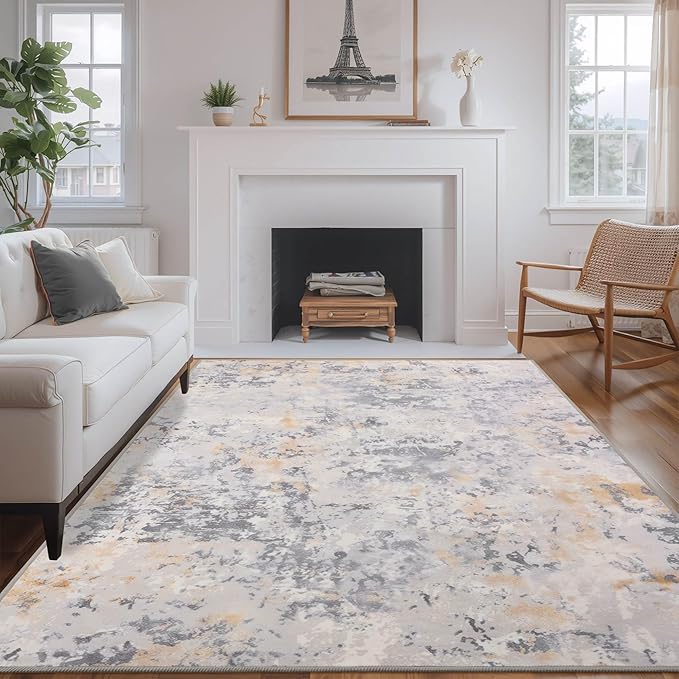 8x10 Grey Area Washable Rugs for Living Room, Abstract Modern Non Slip Bedroom Rugs, Neutral Large Low Pile Carpet Stain Resistant for Dining Room, Kids Playroom, Office