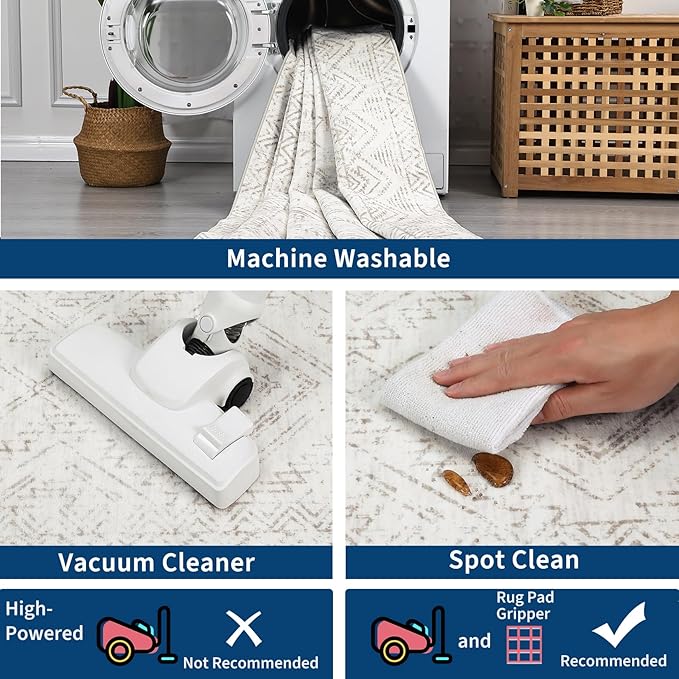 COZYLOOM 10x13 Area Rug Living Room Washable Rugs Stain Resistant for Bedroom Soft Floor Carpet Non Slip Distressed Geometric Carpet for Dining Room Laundry Room Office, Ivory