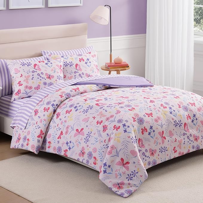Twin Comforter Set with Sheets for Girls-5 Pieces Twin Bedding Sets with Pink Comforter, Sheets, Pillowcase & Sham for Kids (Cute Botanical Flowers, 66" X 86")