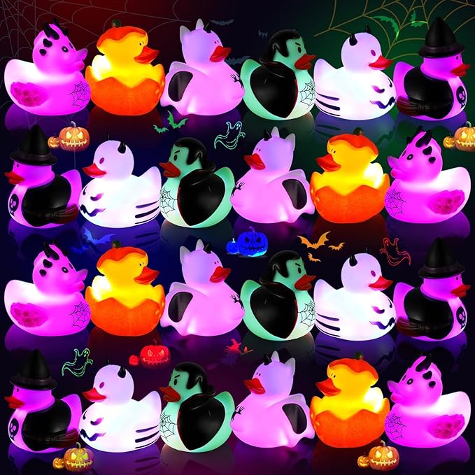 Halloween Rubber Duckies in Bulk Glow in The Dark Rubber Ducks Light up Halloween Mini Duckies Bath Toys for Halloween Party Favor Decor Pool Bathtub Baby Shower Toy Gifts for Kids (24)