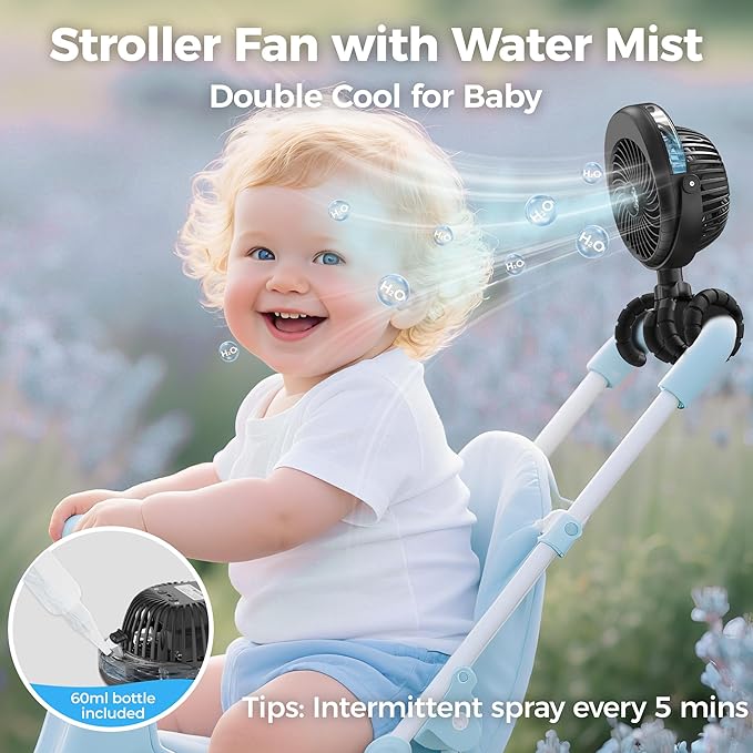 2025 Upgarded 4000mAh Misting Baby Stroller Fan, Rechargeable Battery Operated,Max 15Hrs Cooling,50ml Portable Water Sprayer Misting Fan with Flexible Tripod Clip on Car Seat Crib Treadmill Bunk Bed