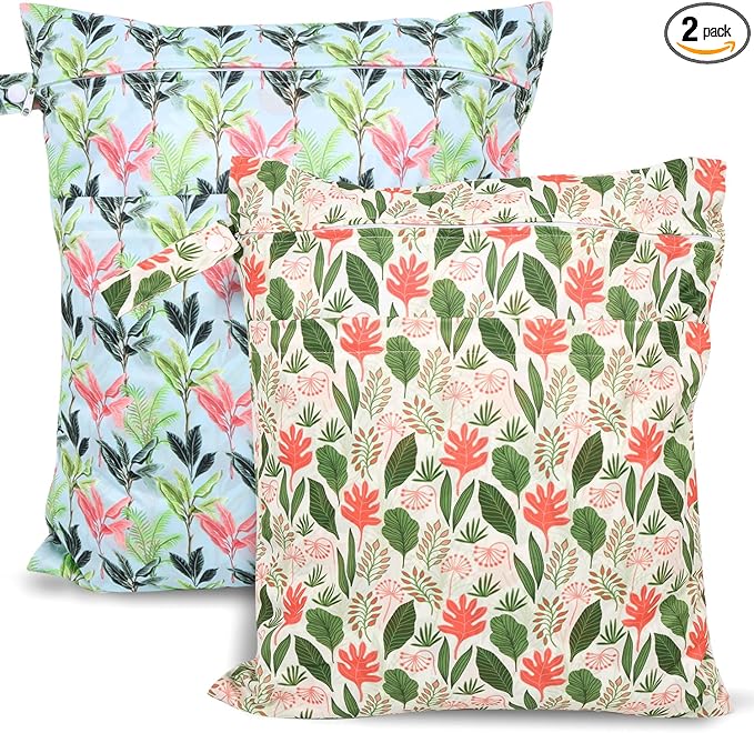 2pcs Travel Waterproof Laundry Bag, Cloth Diaper Wet Dry Bags with Handle & 2 Zipper Pockets, Reusable Washable Dirty Clothes Bag for Baby Adult Travelling Hanging, Bathing Beach Pool Daycare