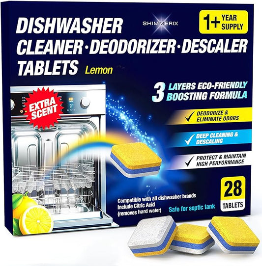 Dishwasher Cleaner Deodorizer Descaler Tablets - 28 Tabs - 1 Plus Year Supply - Extra Scented Deep Cleaning Sanitizer Pods - Remove Hard Water - Contain Citric Acid Heavy Duty Septic Safe - Lemon
