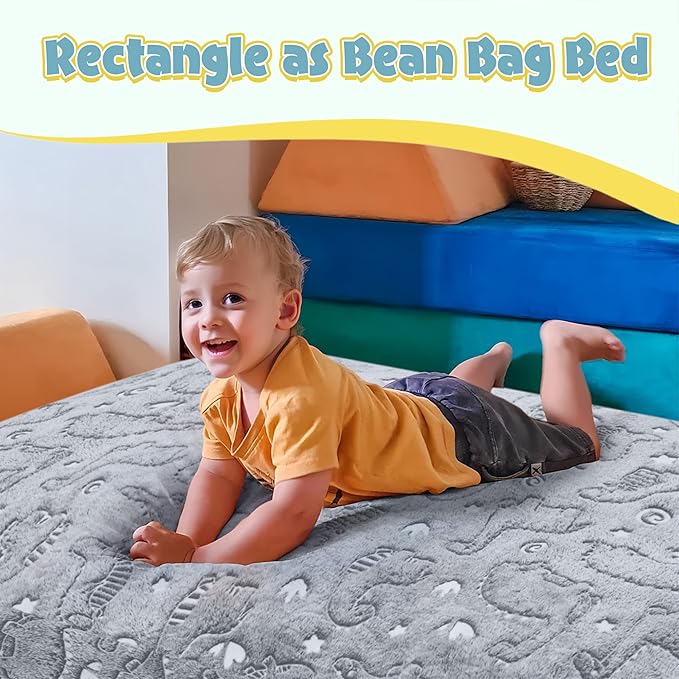 Kids Bean Bag Chair Turn into Beanbag Bed, Dinosaur Toddler Bean Chair for Girl Boy Sleeping, Lazy Children Bean Bags with Filler, Convertible Child Floor Mattress, Grey Dino