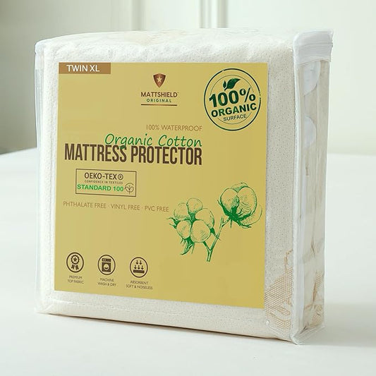 Waterproof Organic Mattress Protector Twin XL - Organic Cotton Breathable Mattress Pad Cover - 250 GSM Comfort - Deep Pocket - Fitted Comfort