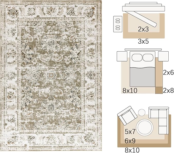 jinchan Floral 2x3 Rugs for Entryway - Vintage Washable Small Non-Slip Distressed Indoor Doormat Ultra-Thin Low-Pile Accent Rug for Entrance Kitchen Bedroom Bathroom (2x3ft,Taupe)