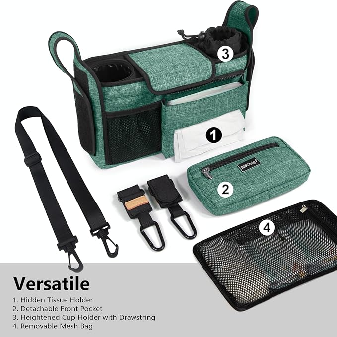 TOPDesign Universal Baby Stroller Organizer, Stroller Caddy with Detachable Mesh Bag & Heightened Insulated Cup Holders & Non-Slip Secure Hooks Accessories, Fits Most Strollers (Green)
