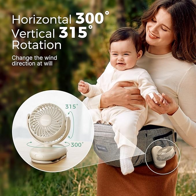 Momcozy Portable Fan with Clip | 4-Speed Mini-Fan for Carrier | Personal Fans Ultra Lighter 0.26lb | Gaps ≤4.5mm | Handheld Cooling | Rechargeable Rotate for Diaper Backpack/Stroller/Carrier/Chair