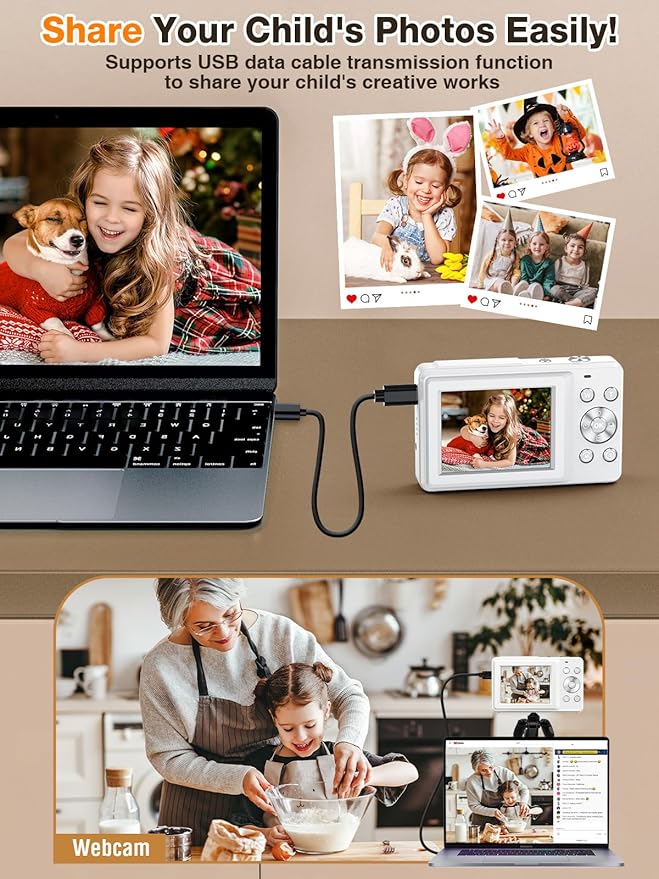 Digital Camera,FHD 1080P Kids Camera 44MP Point and Shoot Digital Cameras with 32GB Card,16X Zoom,Anti-Shake,Date Stamp,Compact Small Cameras Photography for Kids Student Teen Girl Boy(White)