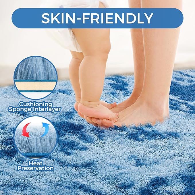 Ultra Soft Rug for Living Room, 9X12 Fluffy Shag Area Rug for Bedroom, Modern Shaggy Carpets Fuzzy Rug for Teens Dorm Nursery Home Decor Aesthetic, Upgrade Anti-Skid Durable, Tie-Dyed Blue Grey