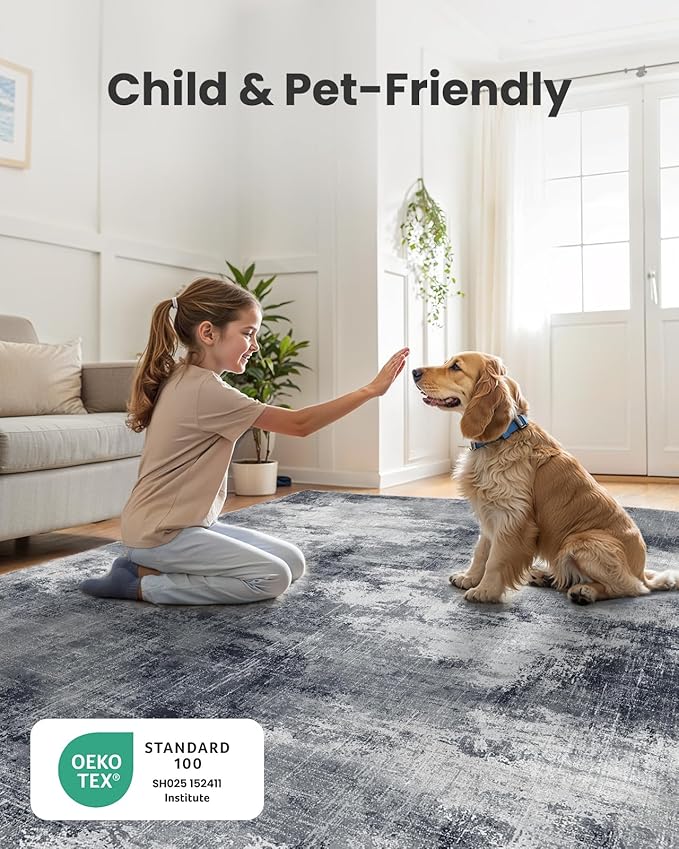 Amada 9x12 Large Area Rug, Modern Abstract Living Room Rug with Non-Slip Backing & Short Pile, Washable Rug with Abstract Pattern for Living Room, Bedroom and Dinning Room, Grey