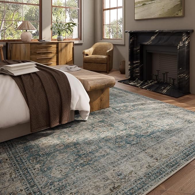 Area Rugs 10x14 Living Room: Washable Rugs for Bedroom Vintage Stain Resistant Non Slip Low Pile Large Boho Carpet for Kitchen Dining Room Farmhouse Kids Room Nursery