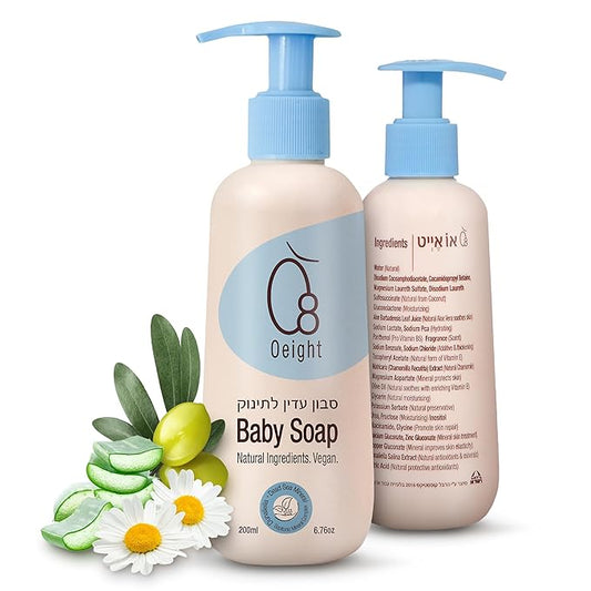 Oeight Baby Body Wash, 100% Natural Active Ingredients Sensitive Skin Baby Wash with Aloe Vera, Chamomile, Olive Oil & Provitamin B5, Dermatologically & Hypoallergenic Tested Mild Foaming Soap, 200ml
