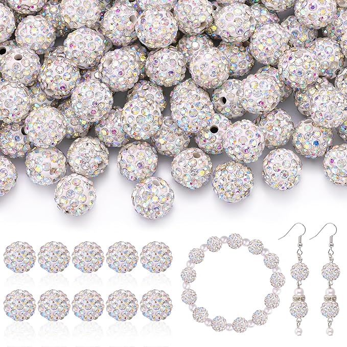 160pcs 10mm Rhinestone Beads for Jewelry Making, Crystal AB Shiny Round Disco Ball Beads Bulk, Sparkle Crystal Clay Christmas for Bracelet Baseball Necklace Earring Crafting and DIY