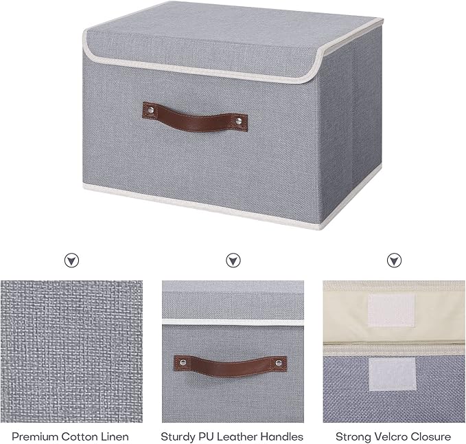 ANMINY 2PCS Storage Bins with Lid PU Leather Handles Storage Boxes PP Plastic Board Decorative Foldable Lidded Cotton Linen Fabric Home Cubes Baskets Closet Organizer Containers - Gray, Large Size
