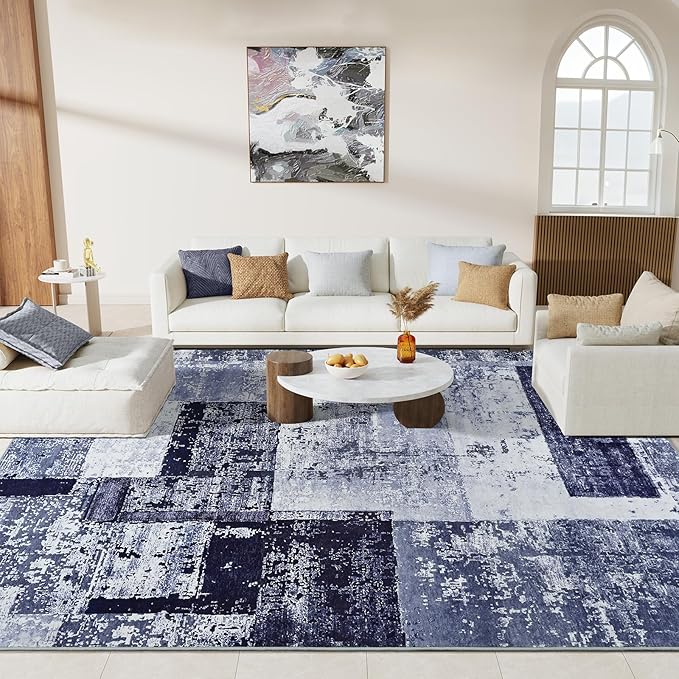 LOCHAS Rug for Living Room, Washable Soft Area Rugs for Bedroom 6x9, Abstract Carpet for Indoor Office Kids Dining Room Nursery Floor, Blue Geometric Vintage Home Decor, Non Slip, Pet Child Friendly