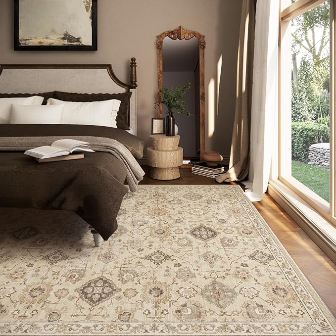 Machine Washable Rug for Living Room: 5x7 Area Rugs Boho Vintage Rug Stain Resistant Non Slip Low Pile Soft Lightweight Carpets for Bedroom Kitchen Dining Room Nursery Kids Room Farmhouse
