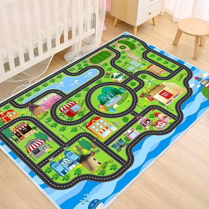 Car Rug,Kids Play Rug with Roads,Playroom Toy Car Rug, Car Track Rug City Map for Bedroom Classroom - (78.7X59 Inches)