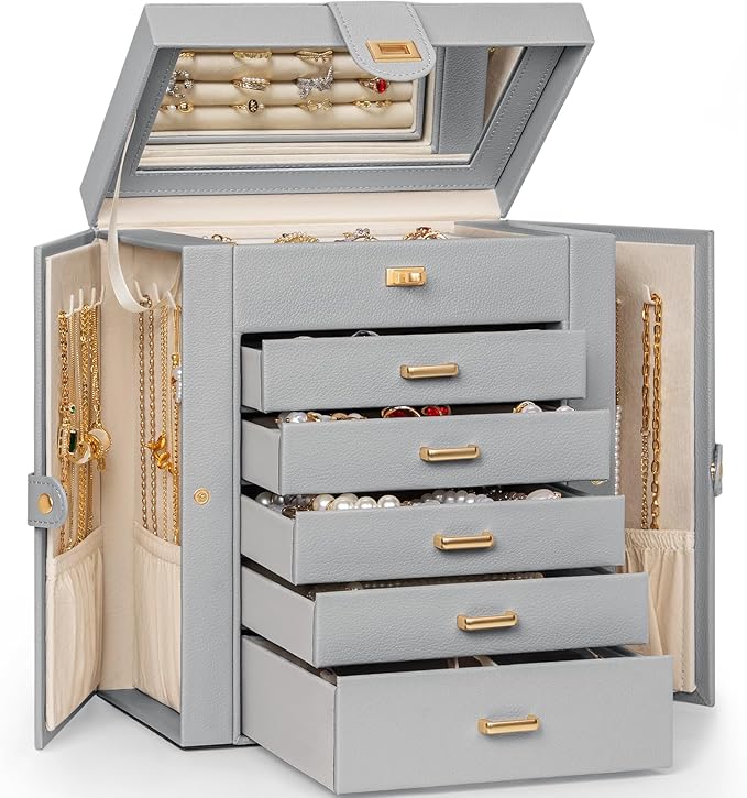 AKOZLIN 6-Tier Jewelry Box Organizer Functional 5 Drawers Leather Jewelry Storage Case for Women Girls Ring Necklace Earring Bracelet Holder Organizer with Mirror Grey