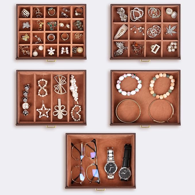 Kendal Extra Large Jewelry Box Jewelry Case PU Leather 6 Tier 5 Drawers Large Storage Capacity with Mirror Jewelry Storage Organizer Great Gift Also Good For Watches LJC-SHD5BN (Brown)