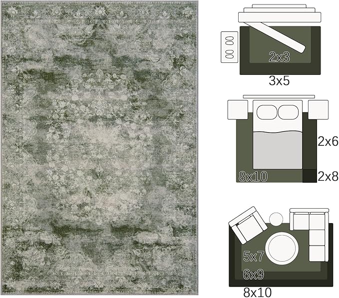 jinchan Washable Area Rug 8x10 for Living Room - Soft Faux Wool Ultra-Thin Stain Resistant Non-Slip Distressed Vintage Floral Large Carpet for Bedroom,Dining Room,Home Office,Nursery(Green, 8'x10')