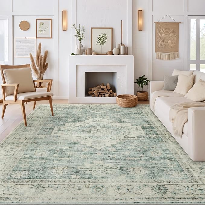 LIVEBOX Washable Area Rug 10x14 Rugs for Living Room Bedroom, Non-Slip Boho Indoor Carpet for Dining Room Office, Low-Pile Farmhouse Soft Carpets for Kids Nursery Playroom, Sage Green