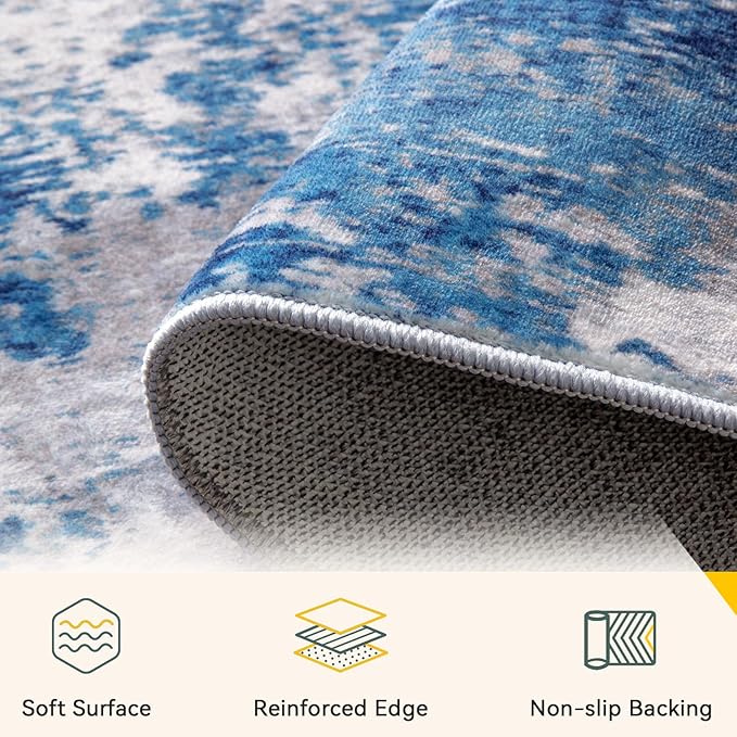 Washable Area Rugs 6ft Non-Slip Modern Abstract Soft for Living Room Entryway Bedroom Nursery, Print Pattern, Blue Grey Navy Gray