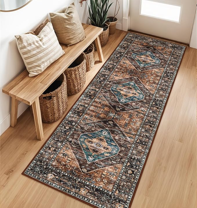 Lahome Hallway Runner Rug - 2x6 Washable Non-Slip Carpet Runner, Throw Untra-Thin Stain Resistant Kitchen Carpet, Vintage Medallion Print Non-Shedding Mat for Bedroom Entryway Bathroom
