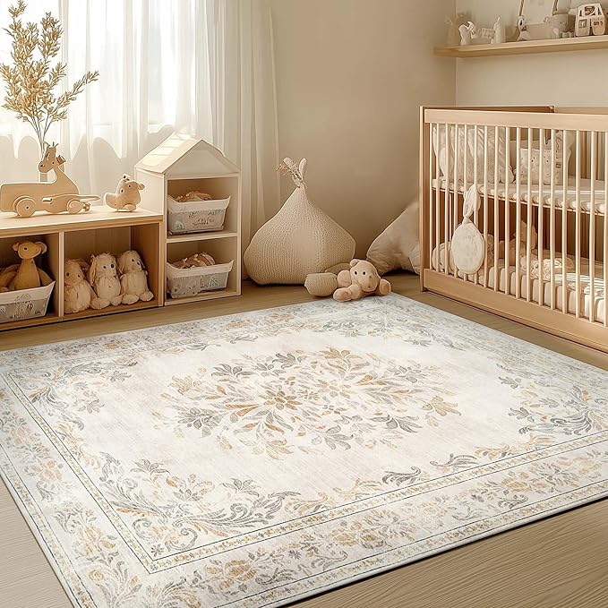 jinchan Vintage Floral 6x9 Area Rugs for Living Room - Machine Washable Distressed Design Soft Throw Rug Ultra-Thin Non-Slip Large Carpet for Bedroom Nursery Dining Room Home Office (6x9ft,Light Grey)