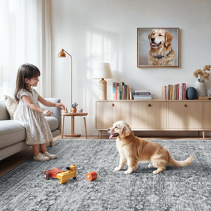 Lofus 6x9 Area Rug for Living Room,Grey Washable Area Rugs with Non-Slip Backing,Soft Neutral Carpets for Bedroom Dining Room Home Office Indoor Nursery