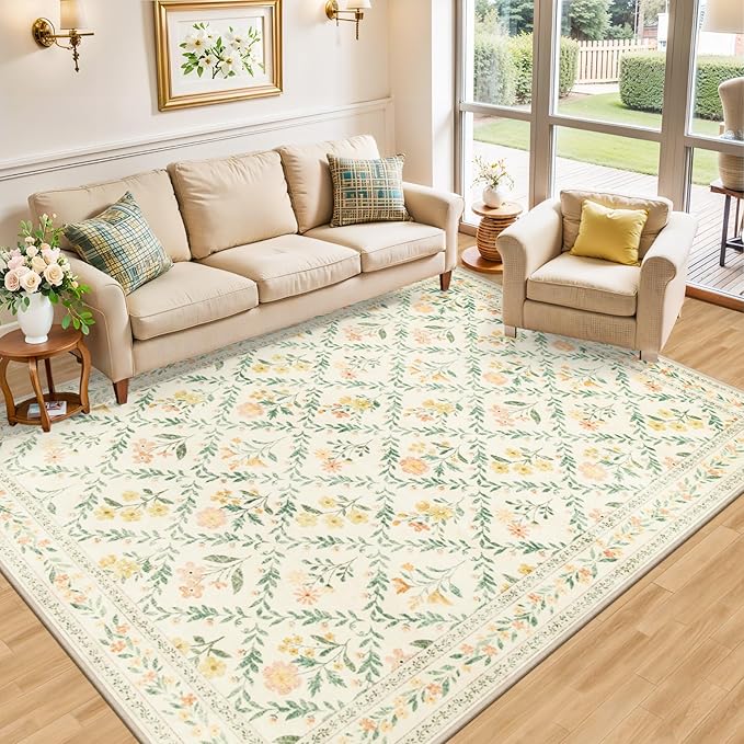 8x10 Area Rugs for Living Room: Floral Washable Rug Vintage Large Soft Boho Non-Slip Carpet Indoor Floor Stain Resistant Carpets for Bedroom Dining Room Farmhouse Nursery Home Office Beige/Multi