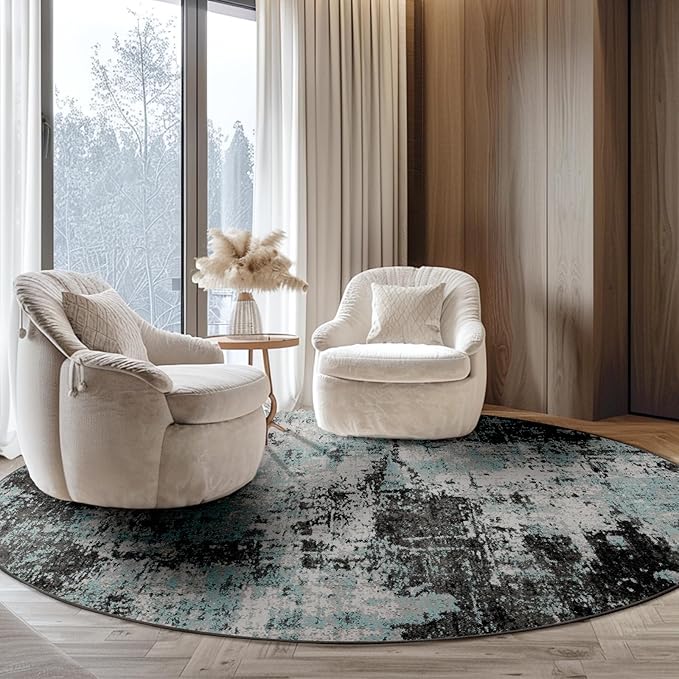 Washable Area Rugs 4ft Non-Slip Modern Abstract Soft for Living Room Entryway Bedroom Nursery, Print Pattern, Blue Black Teal