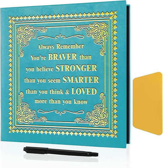 Inspirational Leather Photo Album,Magnetic Self-Stick Page Photo Album,Family Album,Hand Made DIY Albums Holds 3x5, 4x6, 5x7, 6x8 Photos (light blue-always remember)